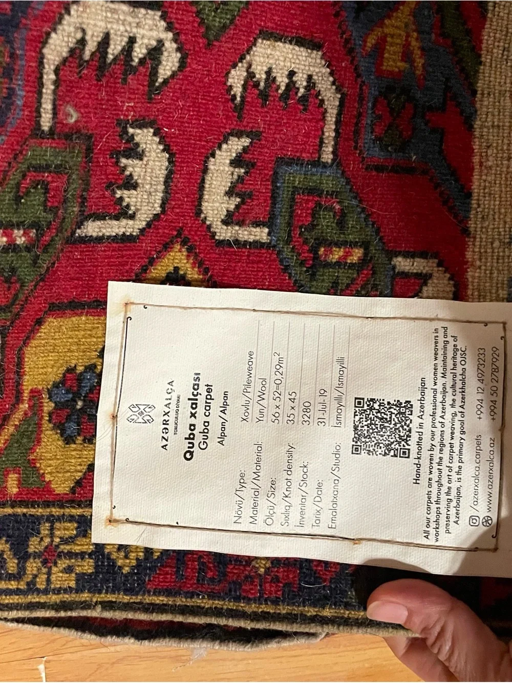 Handwoven Azerbaijani Quba Wool Carpet | Azerxalça COA | 22” x 21